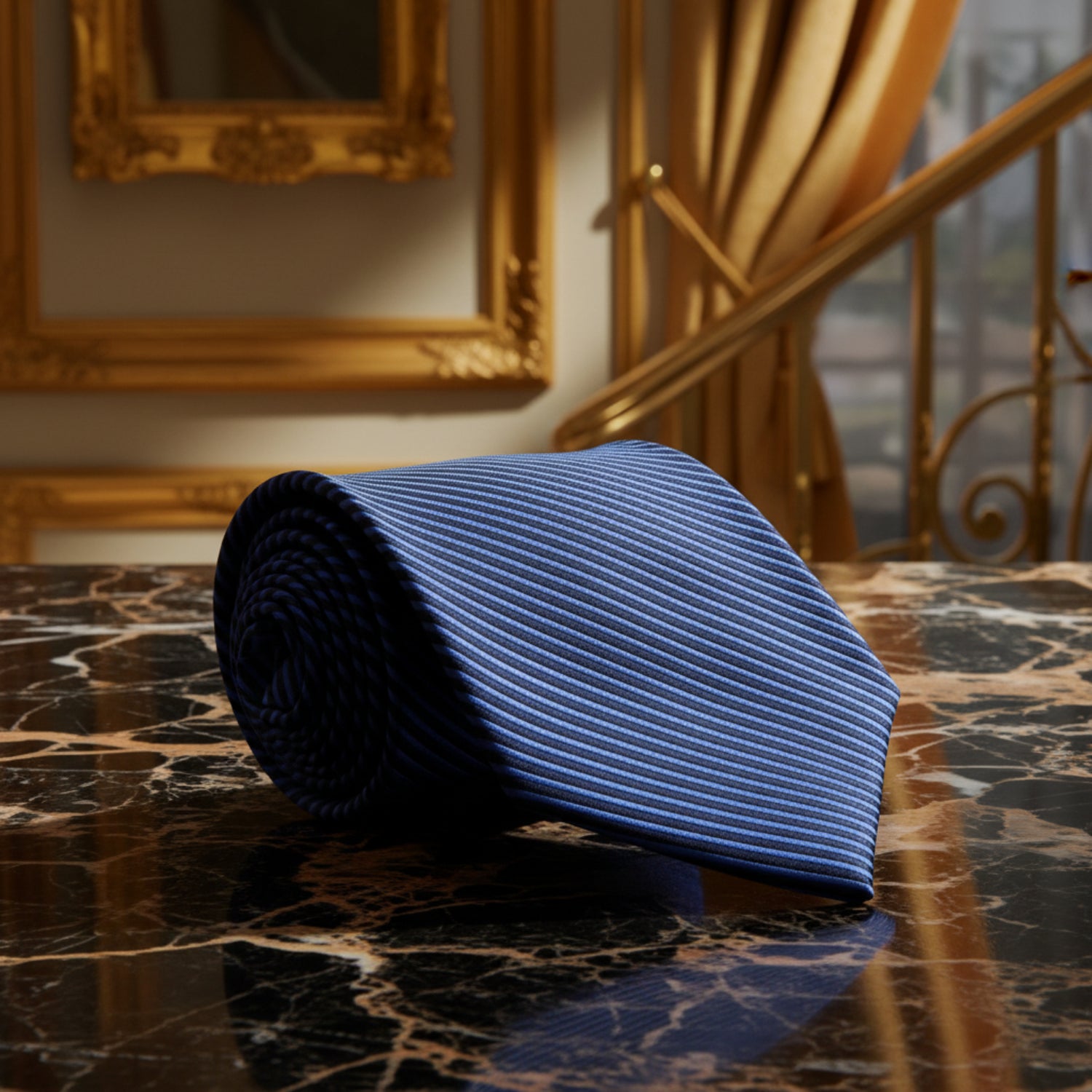 A Dark Blue, Blue Pinstripe Pattern Necktie