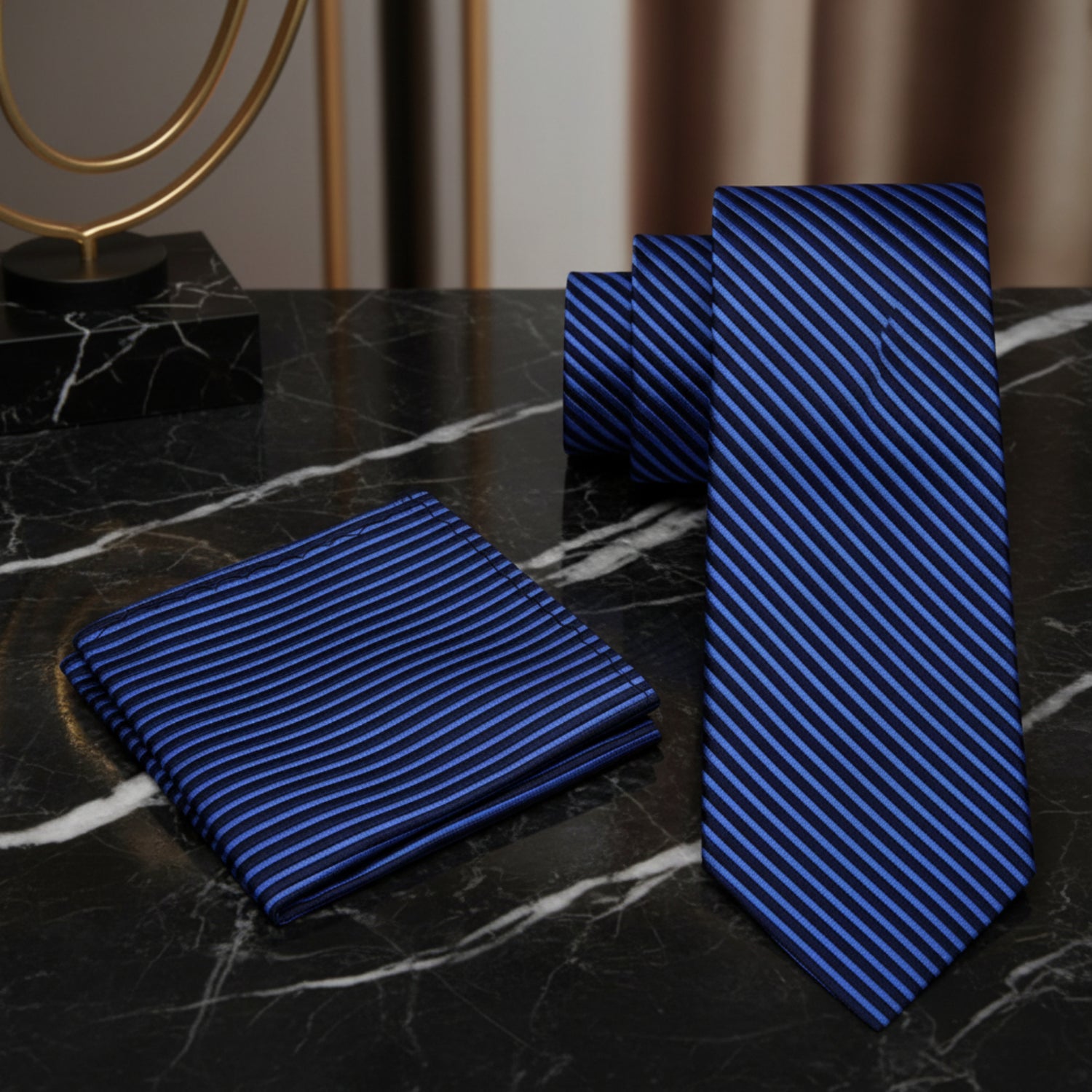 Alt View: A Dark Blue, Blue Pinstripe Pattern Necktie, Matching Pocket Square