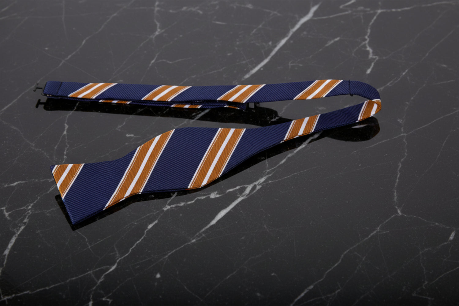 Dark Blue, Brass Stripe Bow Tie Untied