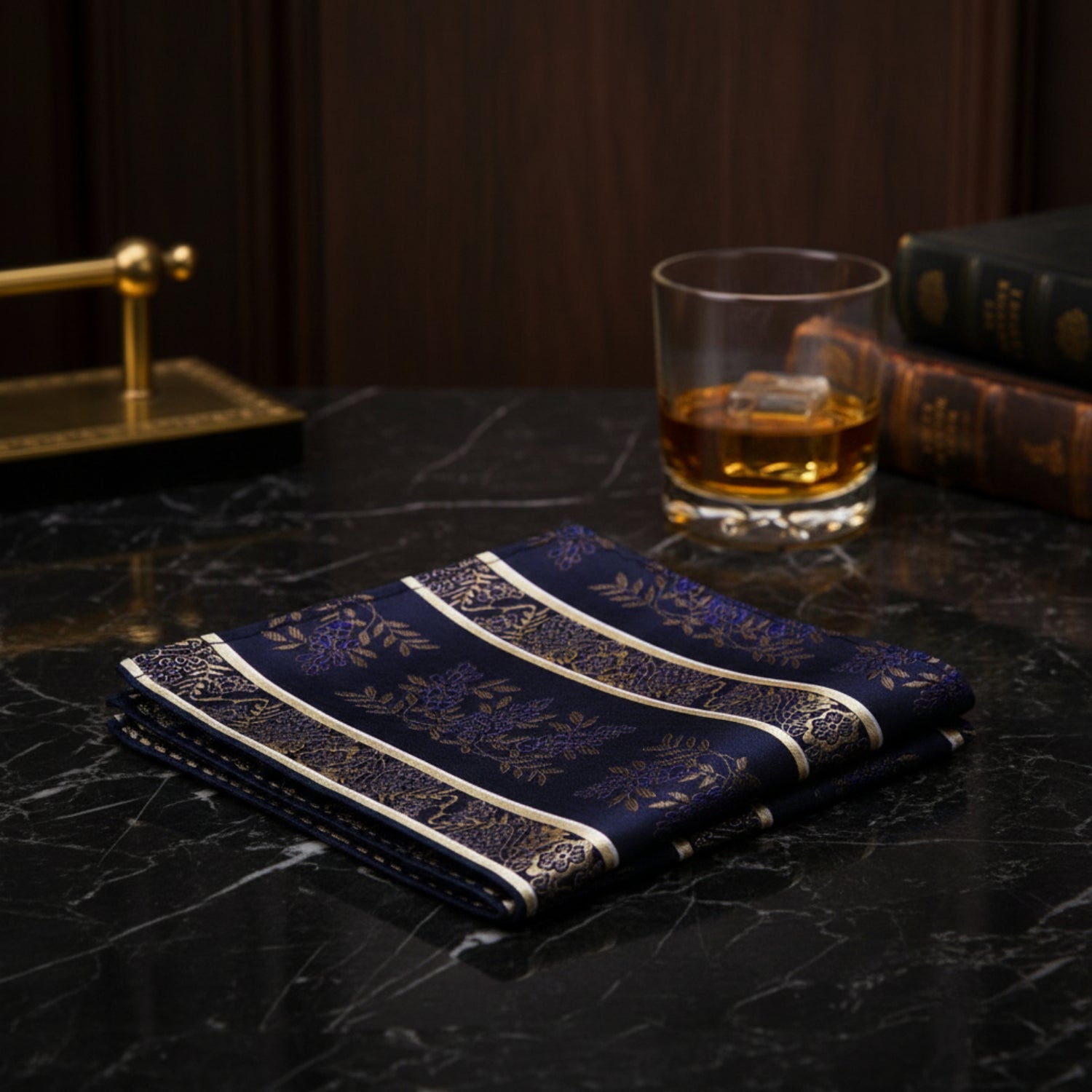 A Brown, Blue Intricate Floral Pattern Pocket Square