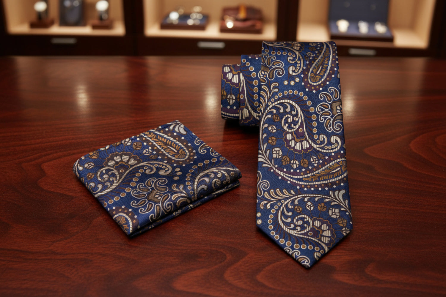 Alt View: A Dark Blue, Brown Paisley Pattern Necktie, Matching Pocket Square