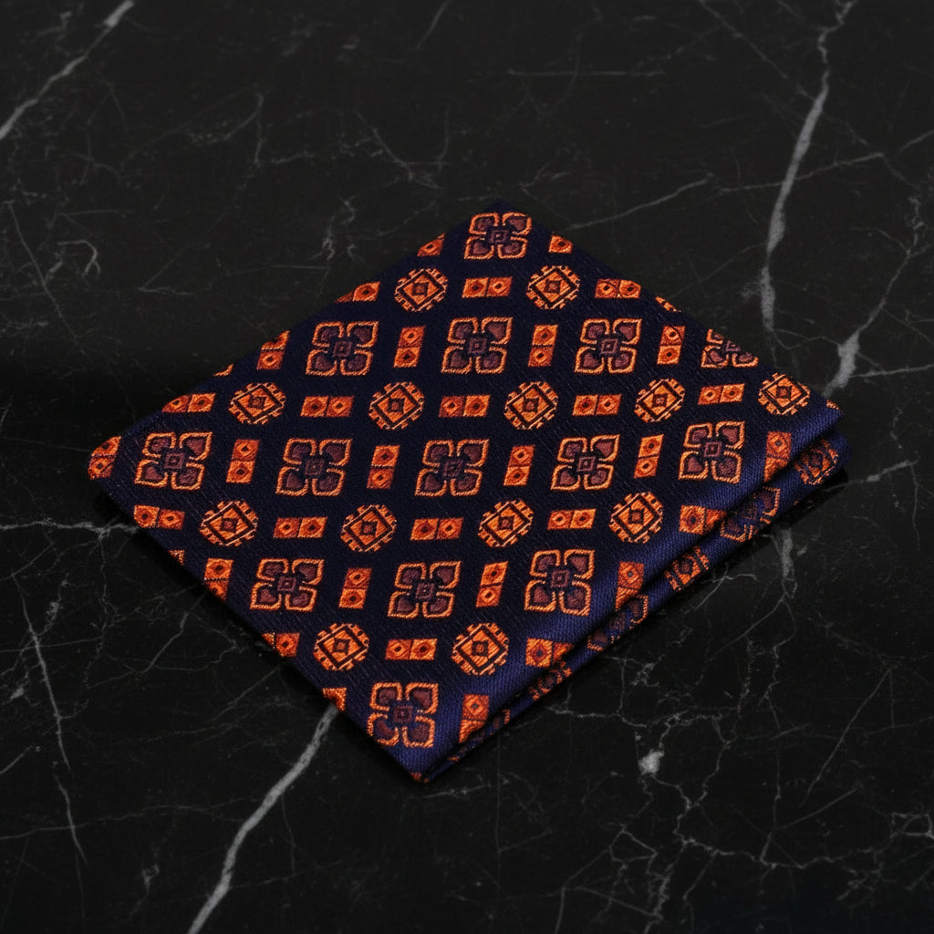A Dark Blue, Copper Abstract Shapes Pattern Pocket Square