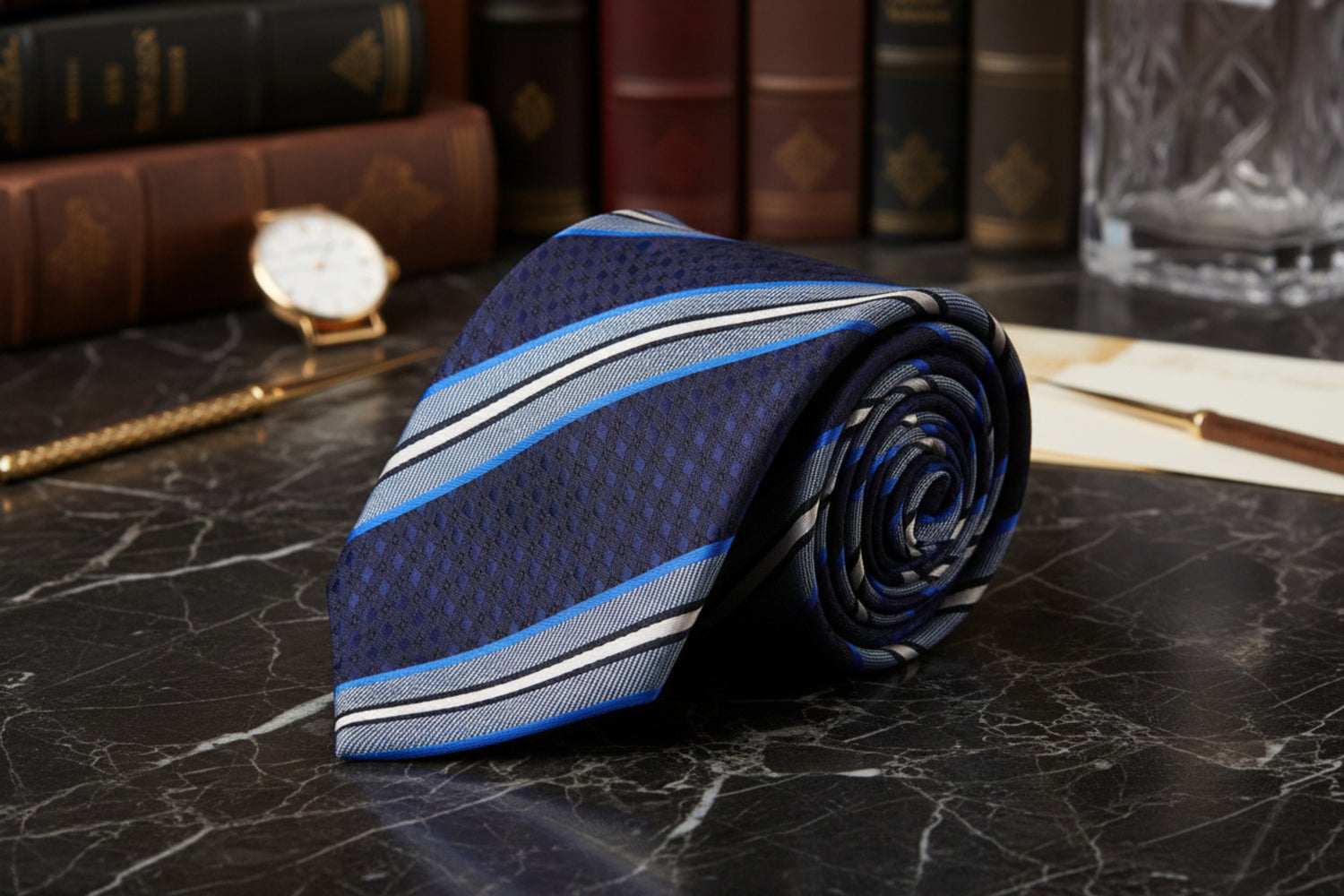 Blue, Purple, White Stripe Necktie 