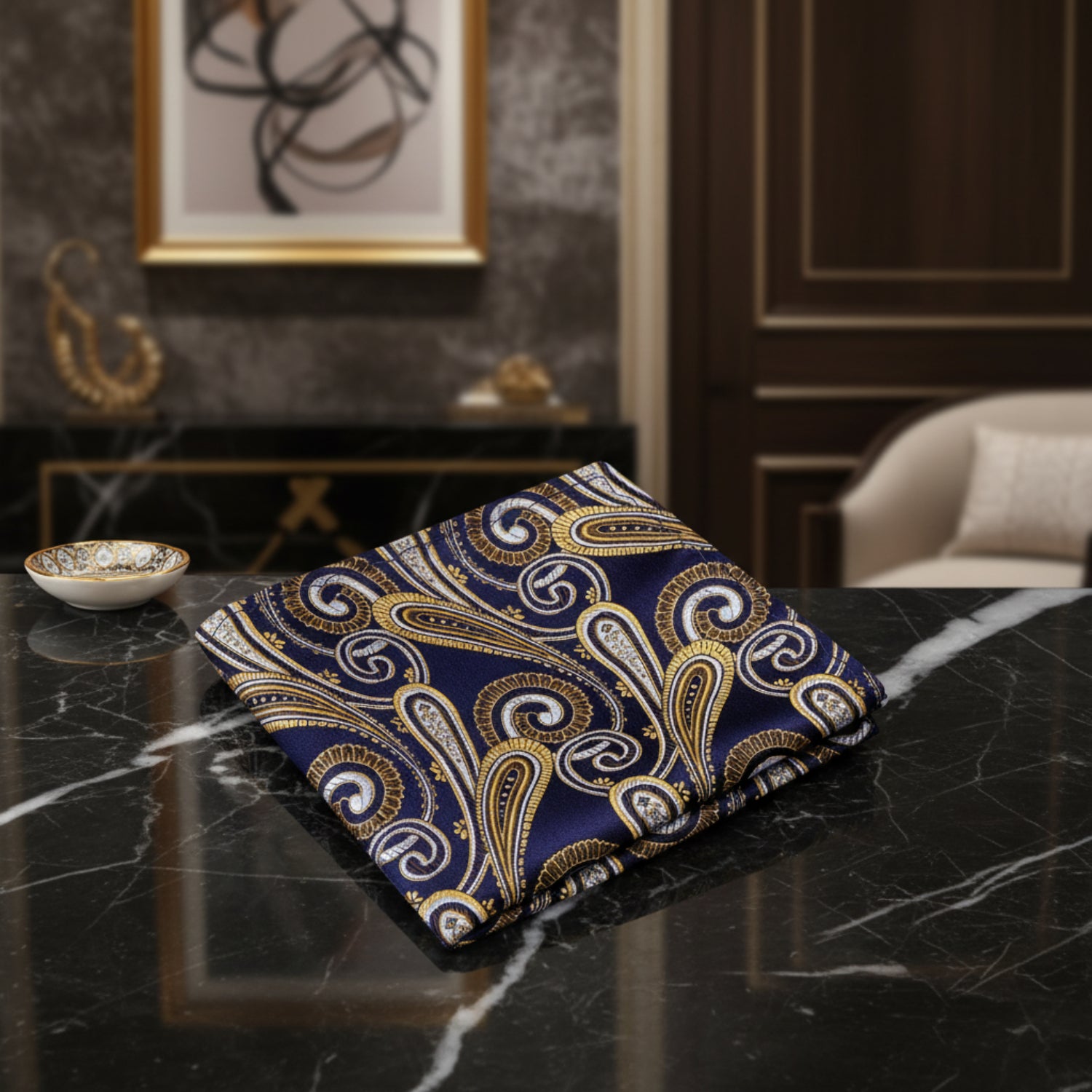 A Blue, Gold Paisley Pattern Pocket Square
