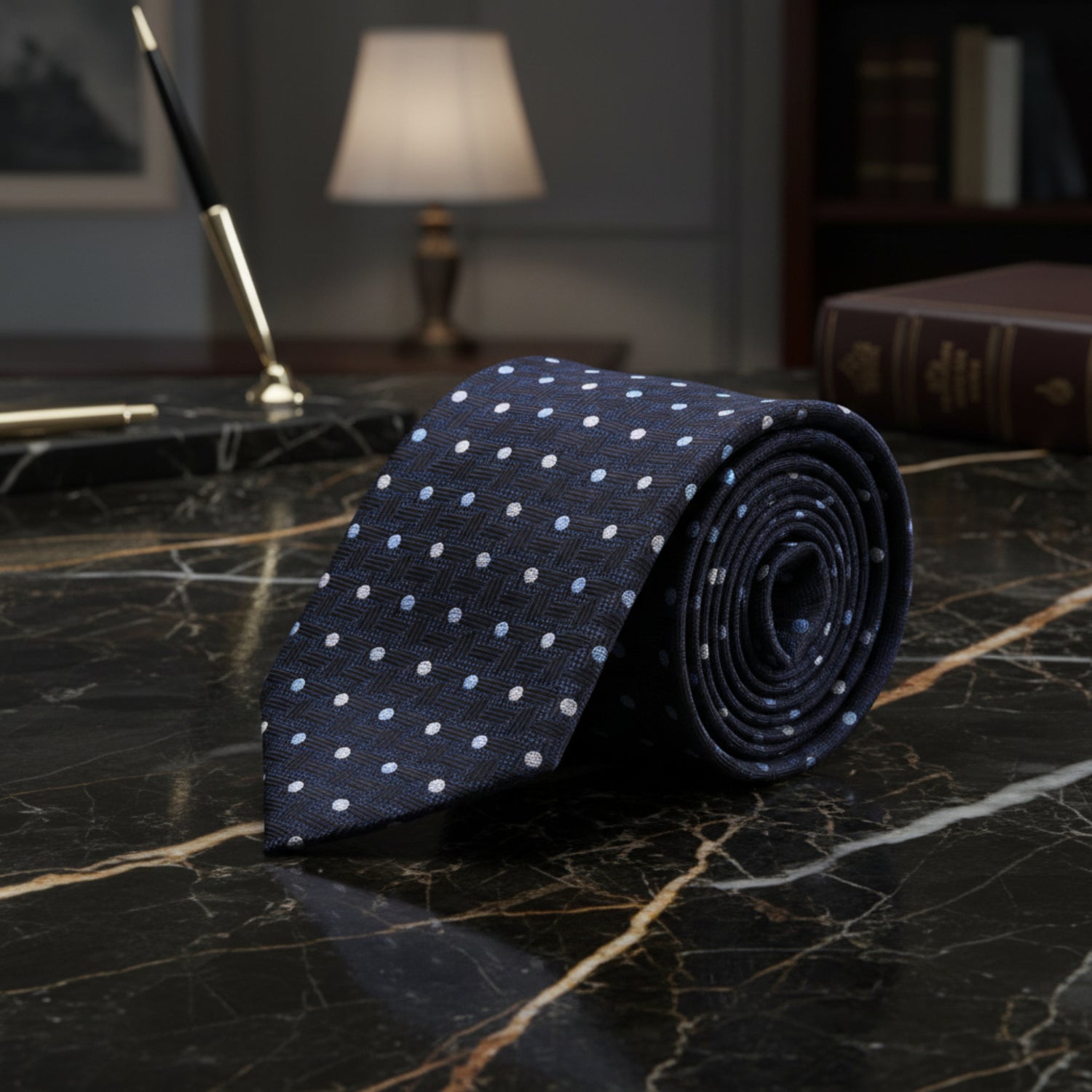 Deep Blue, Grey, Light Blue Polka with Herringbone Tie 