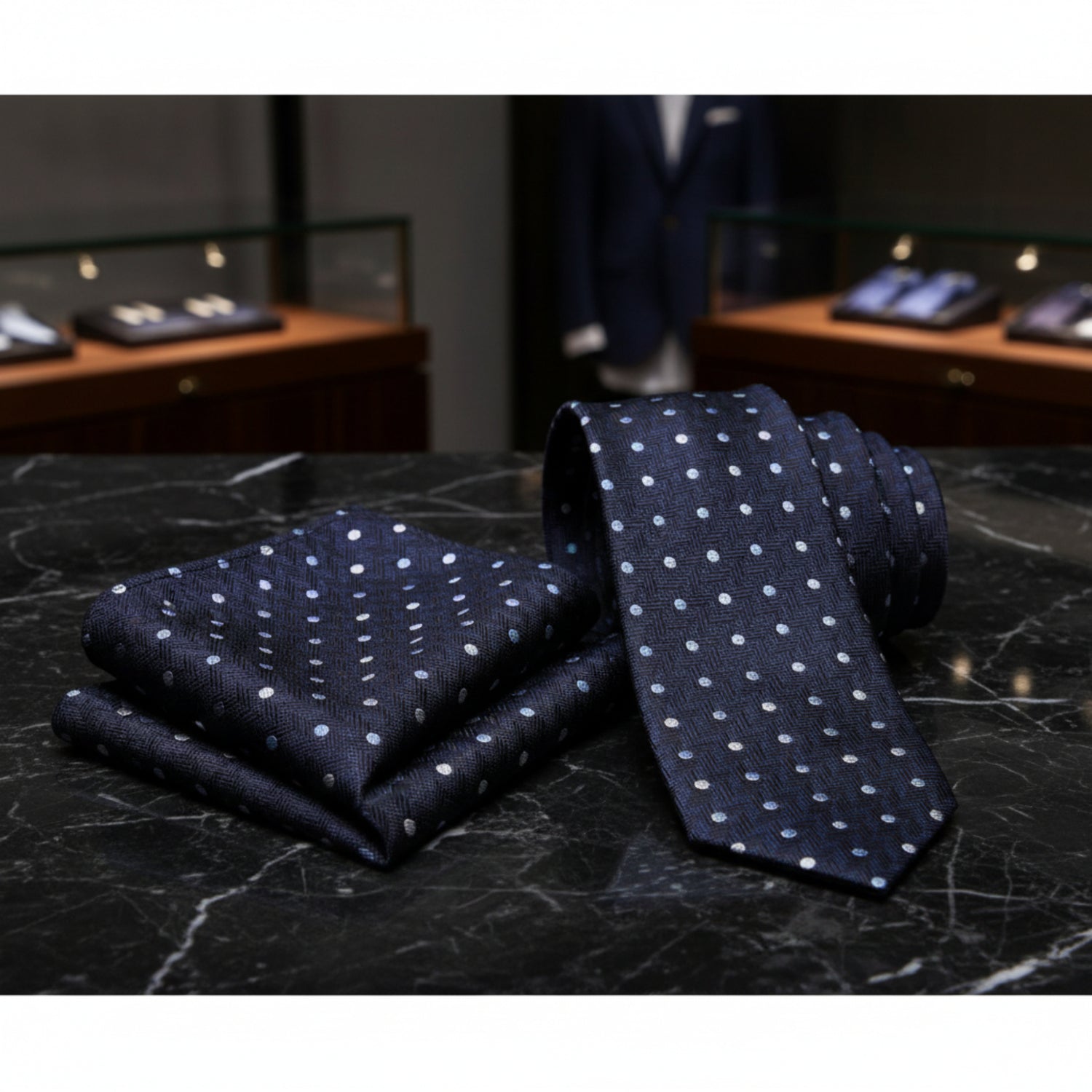 Alt View: Deep Blue, Grey, Light Blue Polka with Herringbone Tie and Matching Square