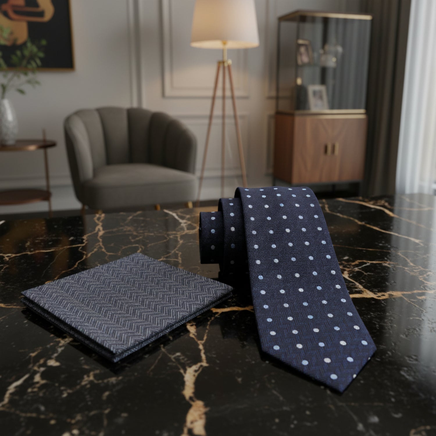 Alt View: Deep Blue, Grey, Light Blue Polka with Herringbone Tie and Grey, Light Blue Wavy Lines Square