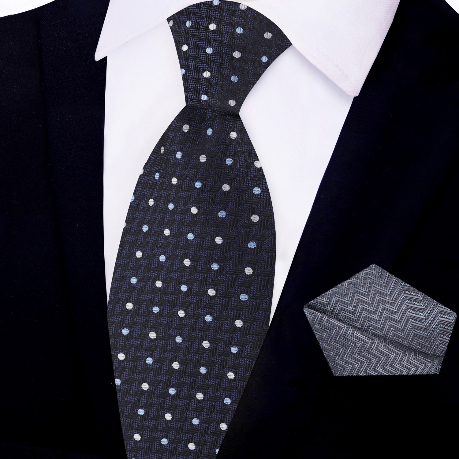 View 2: Deep Blue, Grey, Light Blue Polka with Herringbone Tie and Grey, Light Blue Wavy Lines Square