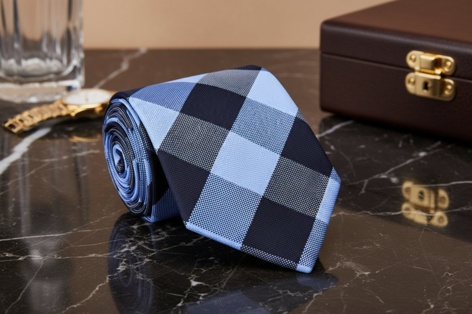 A Blue, Dark Blue Plaid Pattern Necktie