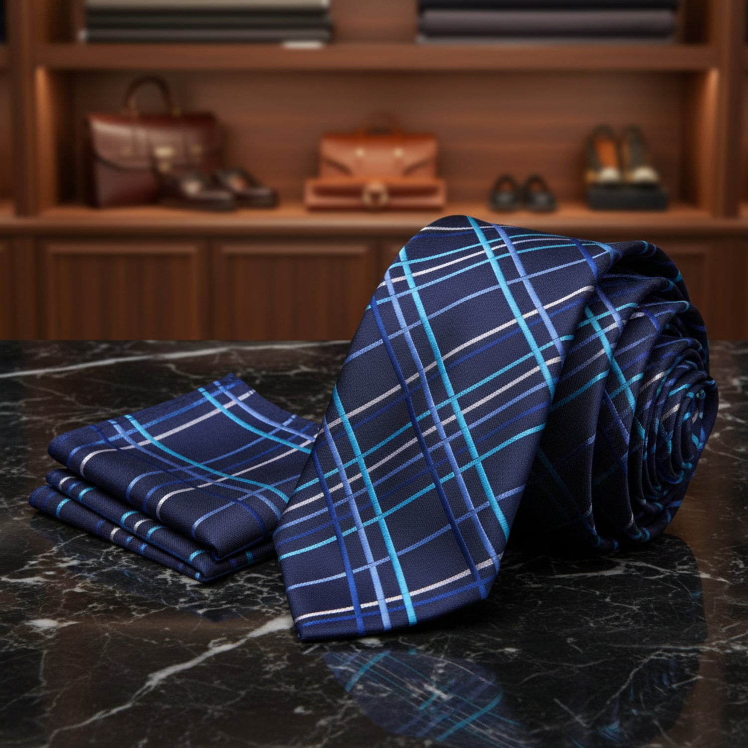Alt view: Blue Plaid Tie and Pocket Square