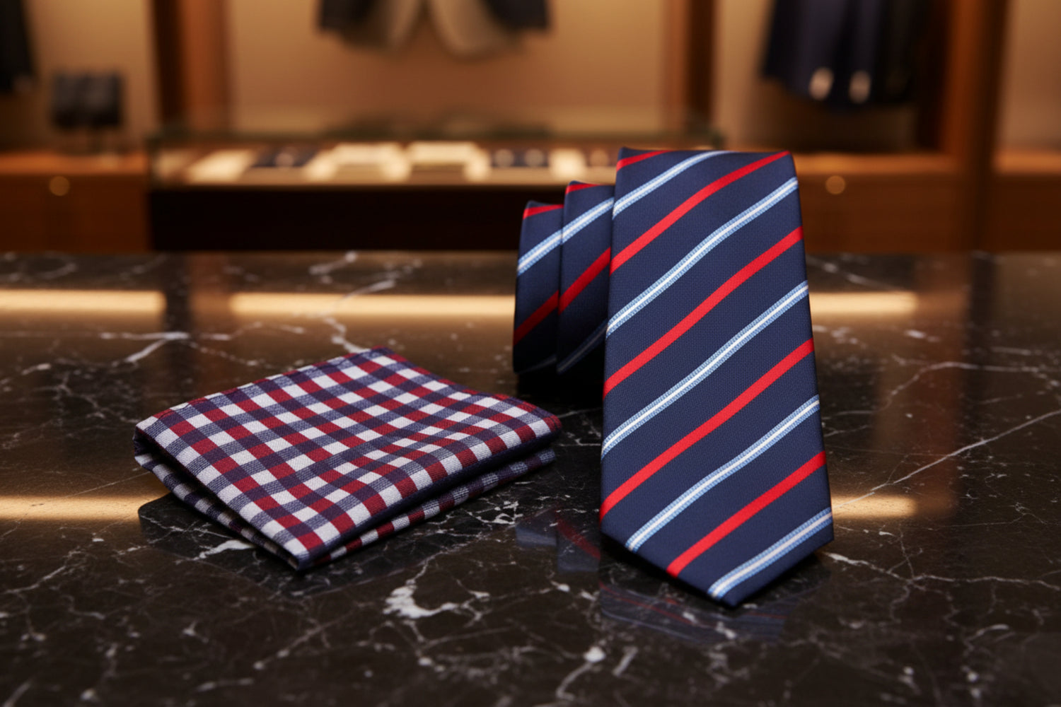 Main Accenting View: Blue, Red, Light Blue Stripe Tie with Accenting Check Pocket Square