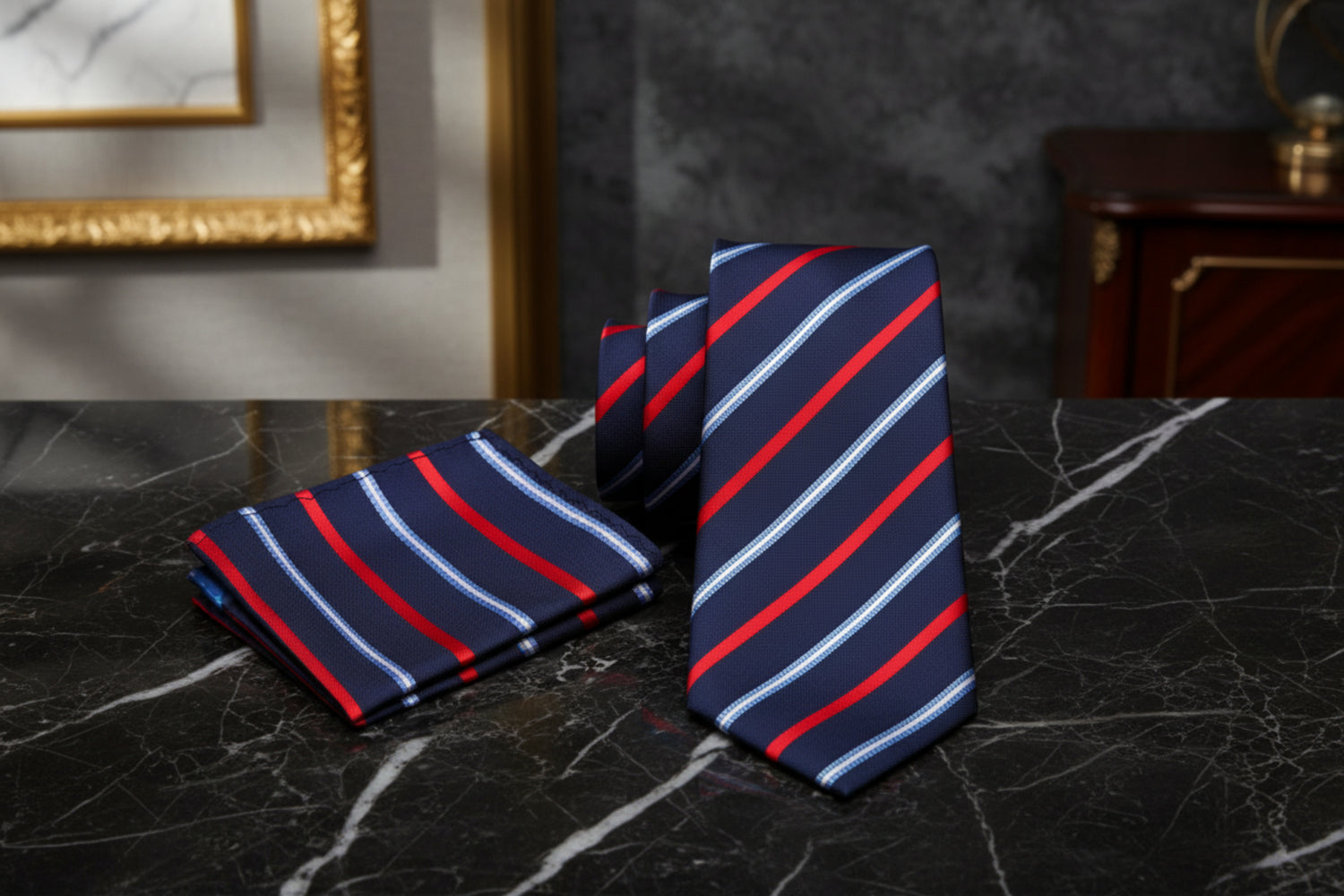 Alt View: Blue, Red, Light Blue Stripe Tie  with Matching Pocket Square