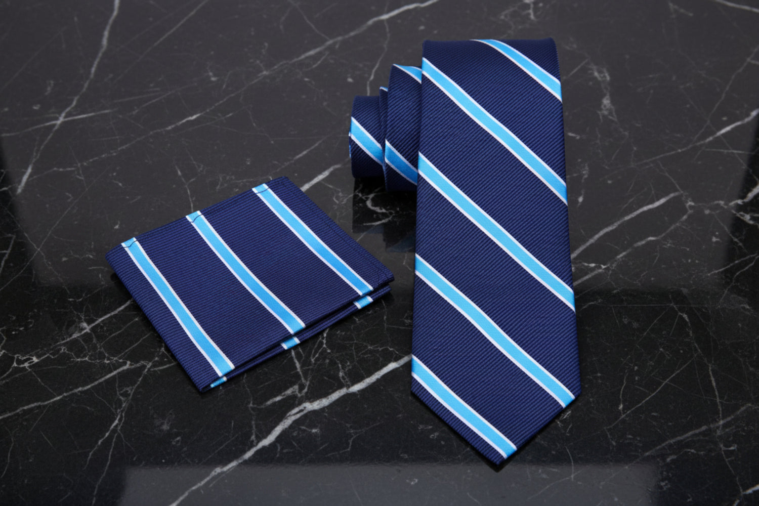 Alt View: Dark Blue, Light Blue Stripe Tie and Pocket Square