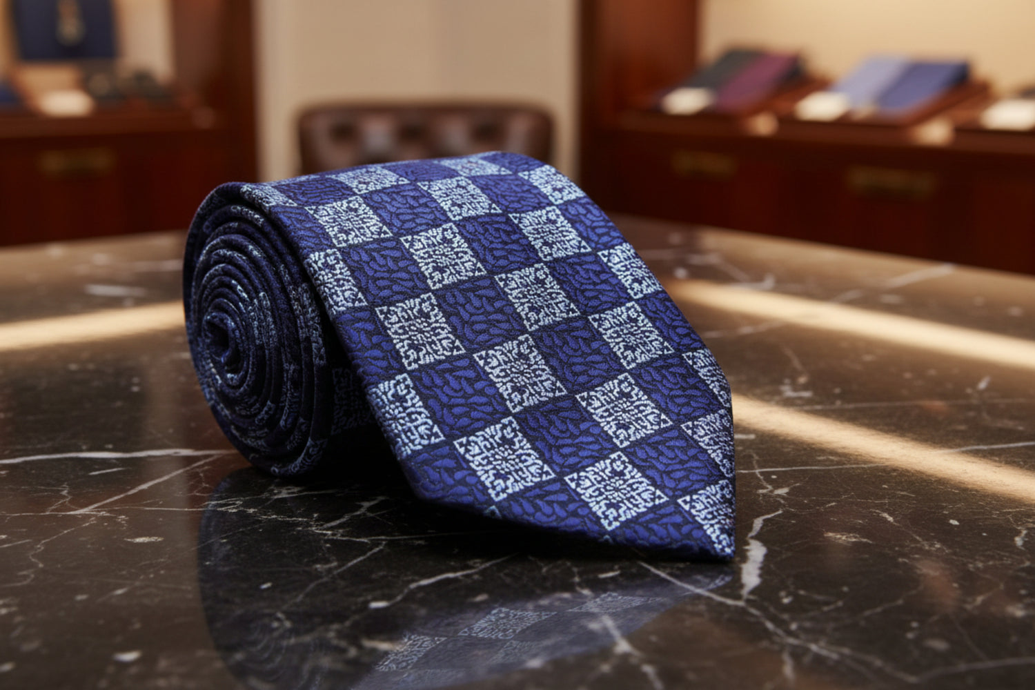View 3: A Blue, Dark Blue Geometric With Paisley Pattern Necktie.