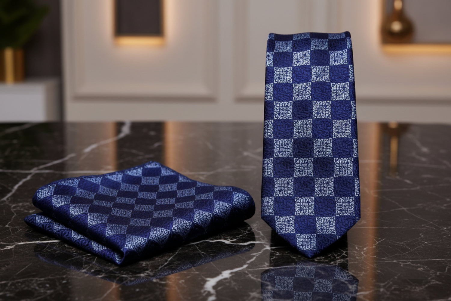 View 2 A Blue, Dark Blue Geometric With Paisley Pattern Necktie, With Matching Pocket Square