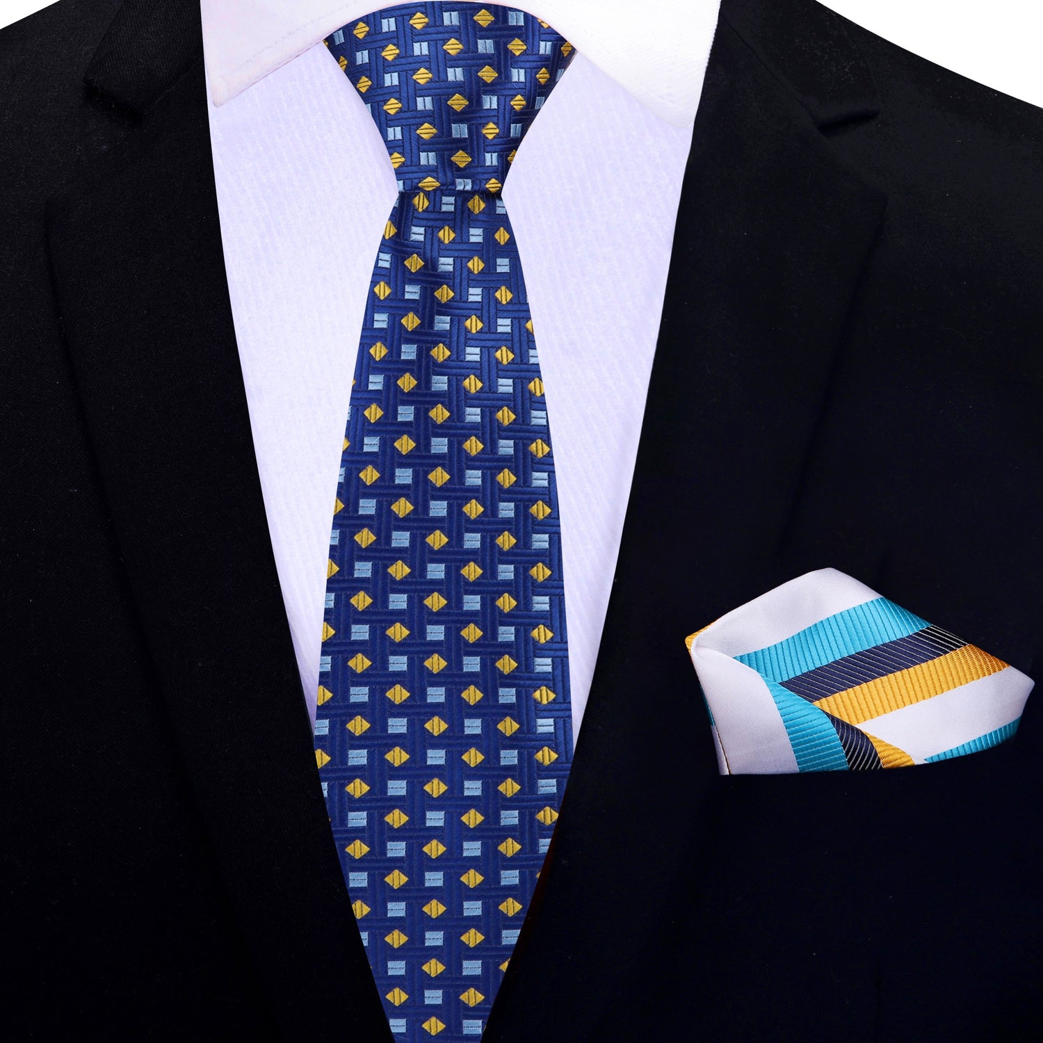 Thin Tie: Blue, Light Blue, Yellow Geometric Shapes Tie and White, Blue, Yellow Stripe Square