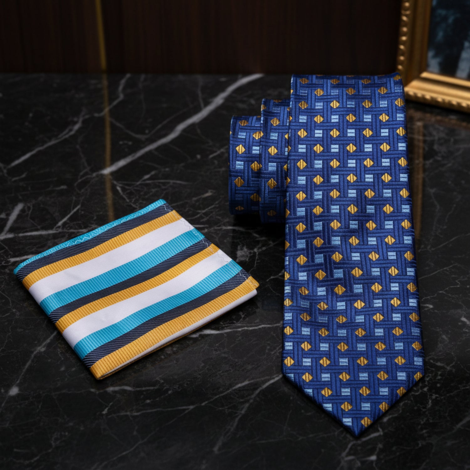 Alt View: Blue, Light Blue, Yellow Geometric Shapes Tie and White, Blue, Yellow Stripe Square