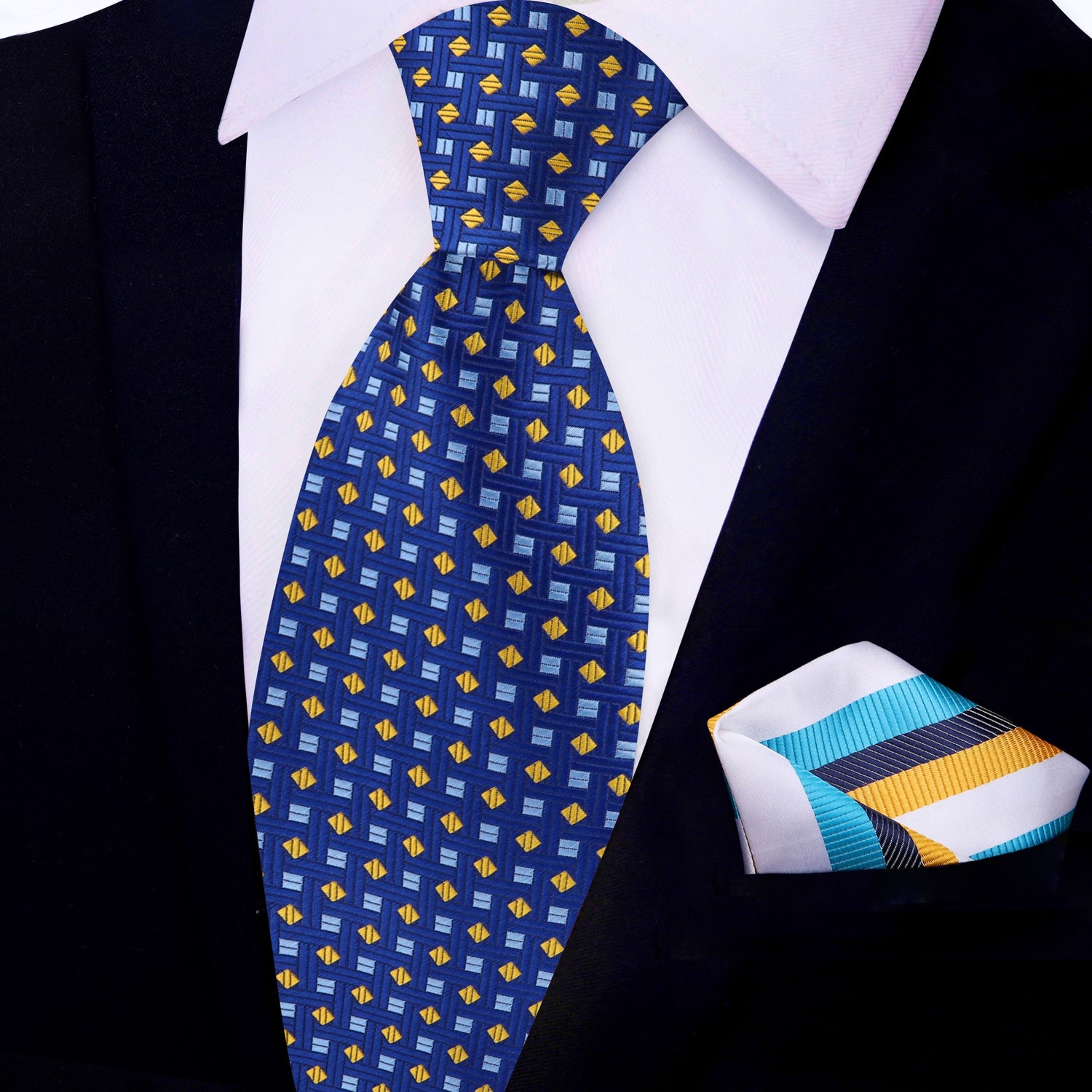 View 2: Blue, Light Blue, Yellow Geometric Shapes Tie and White, Blue, Yellow Stripe Square