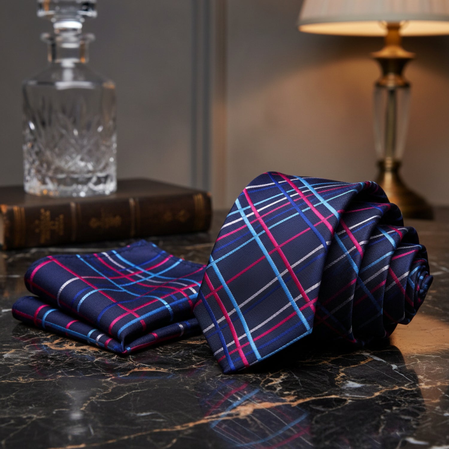 Alt View: Blue Pink Plaid Tie and Pocket Square