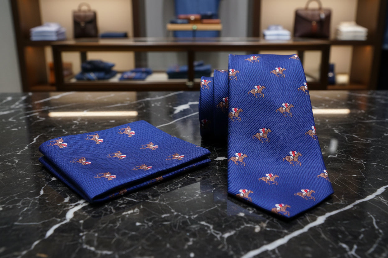 Dark Blue Red Brown White Racehorse and Jockey Thoroughbred  Necktie and Pocket Square 12