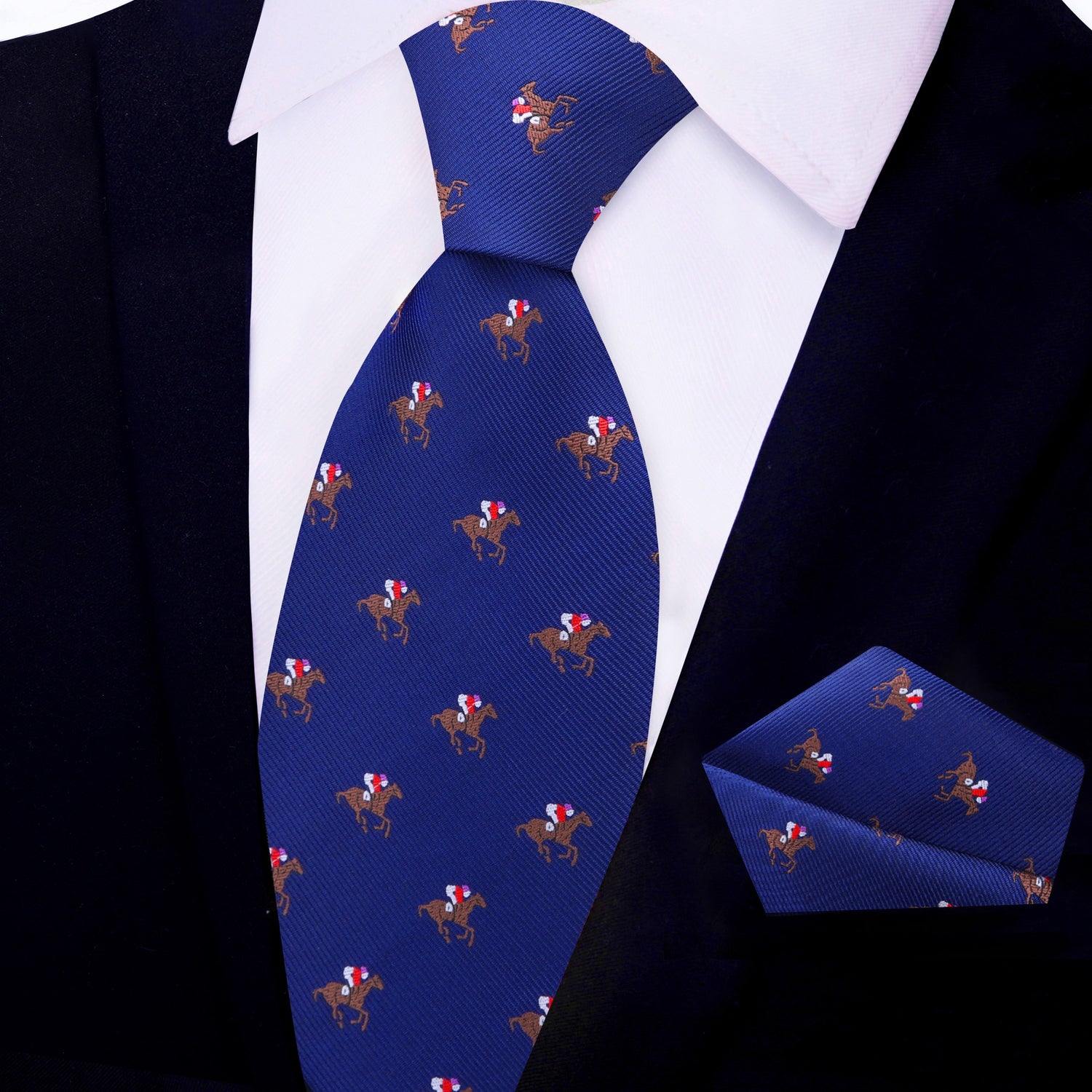 Dark Blue Red Brown White Racehorse and Jockey Thoroughbred Necktie and Pocket Square