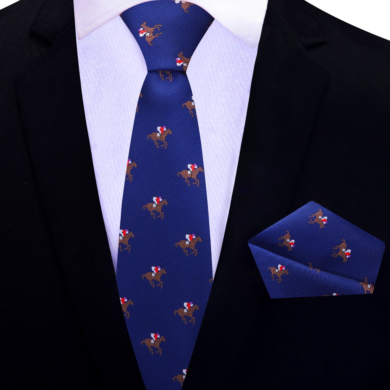 Dark Blue Red Brown White Racehorse and Jockey Thoroughbred thin Necktie and Pocket Square
