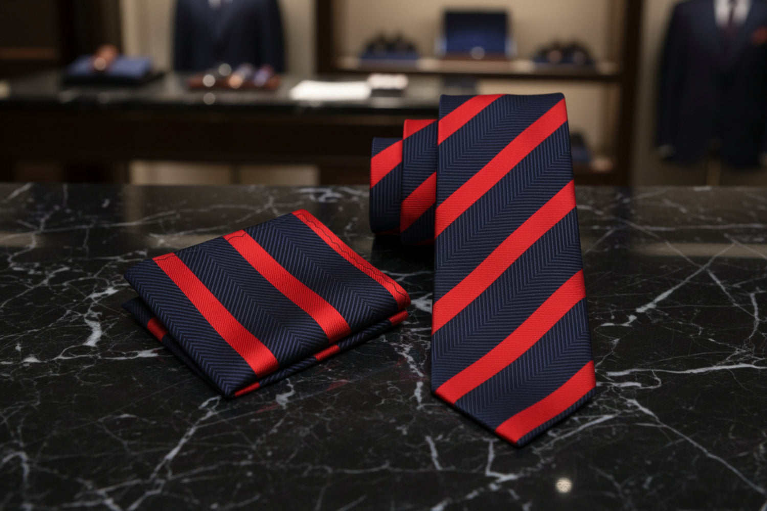 Alt view: blue red stripe tie and square