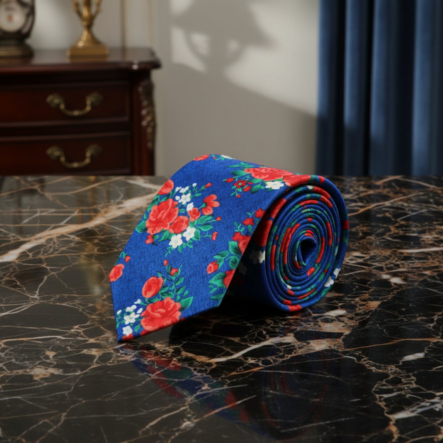 Blue, Red, Green and White Roses Tie