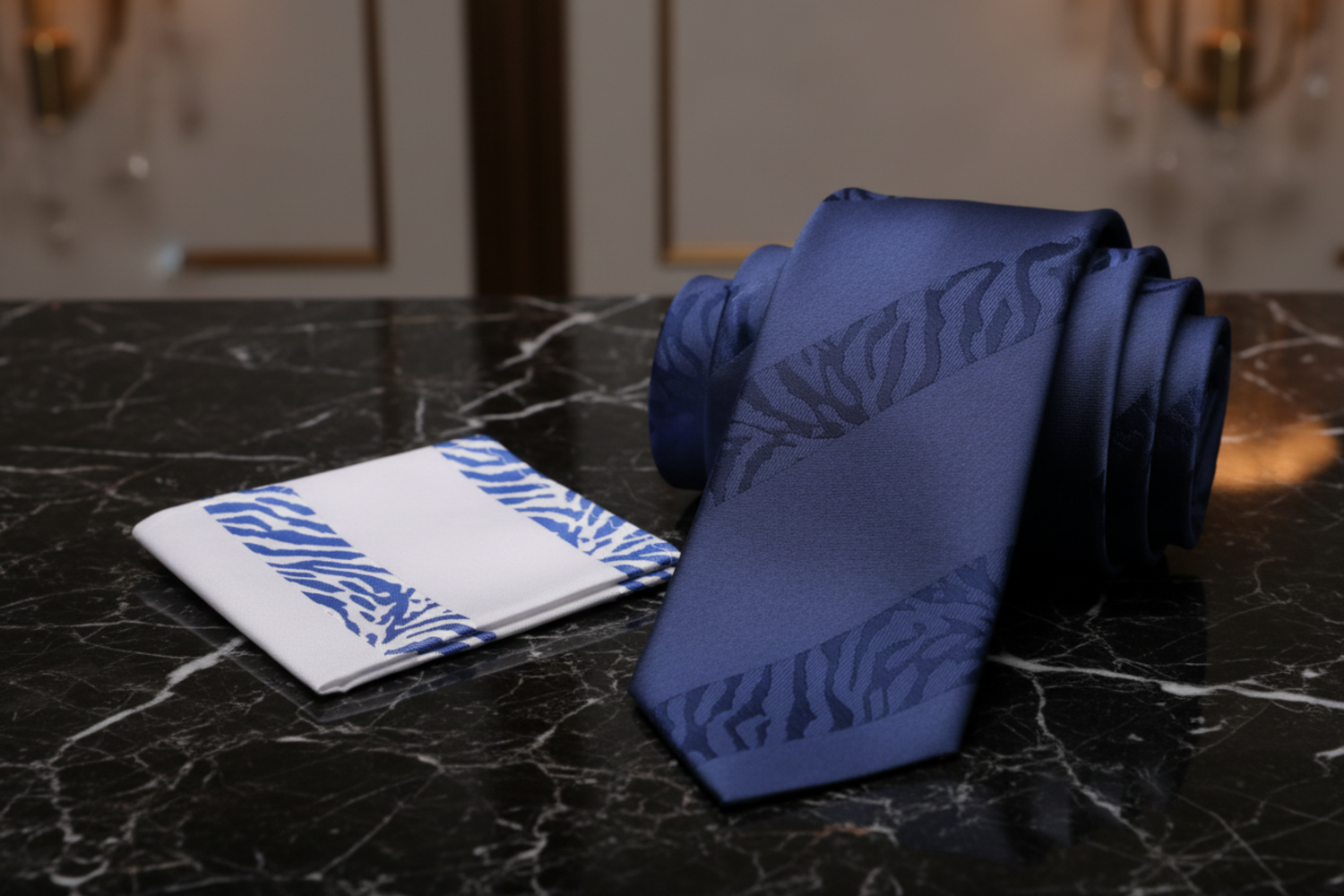 View 2: Dark Blue Tiger Tie and White Pocket Square