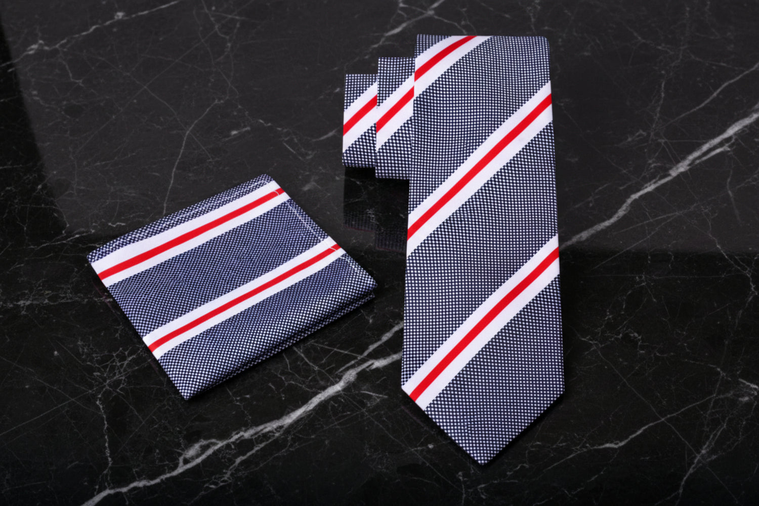 Alt View: Dark Blue, White, Red Dapper Stripe Tie and Pocket Square