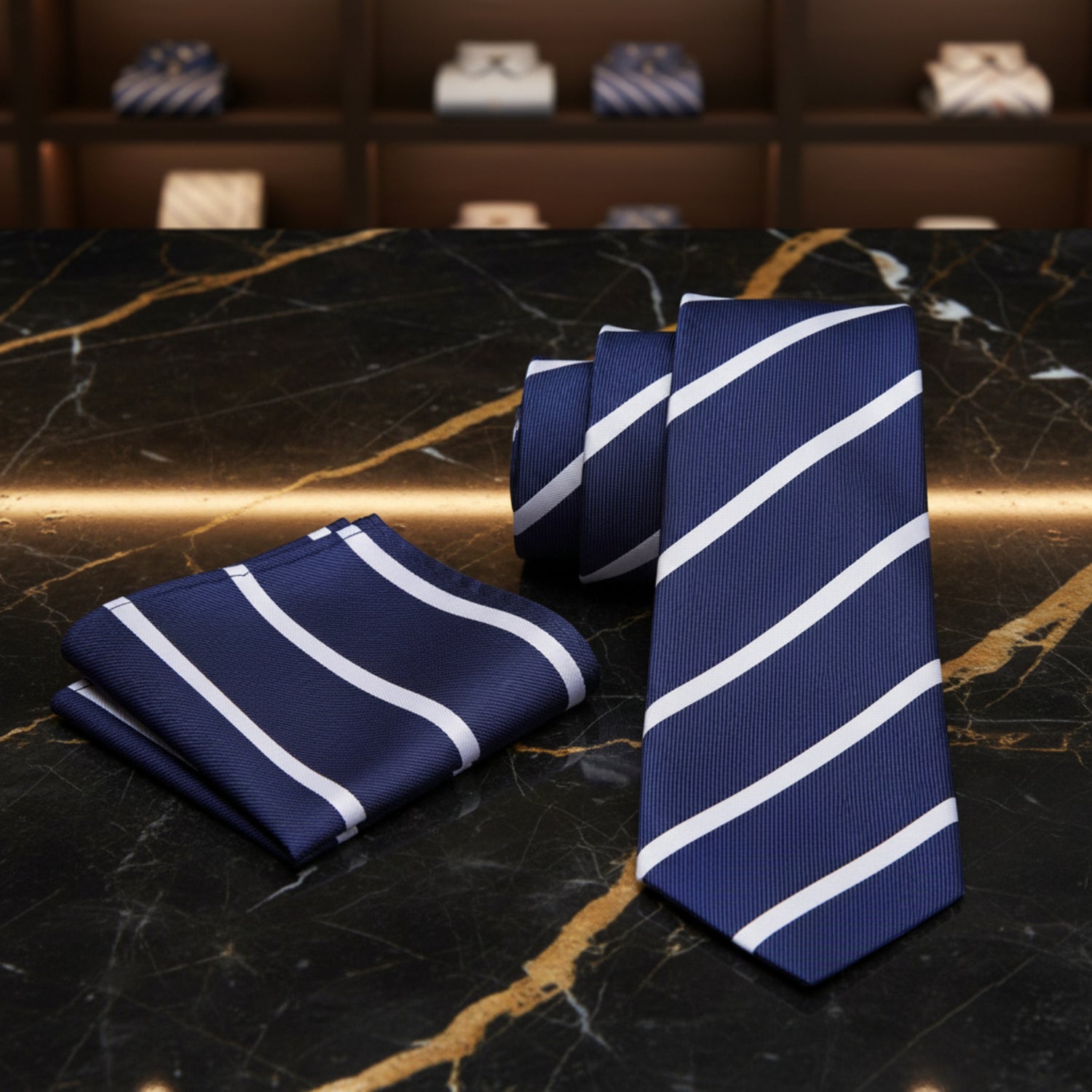 Alt View: Blue with White Stripe Necktie with Matching Square