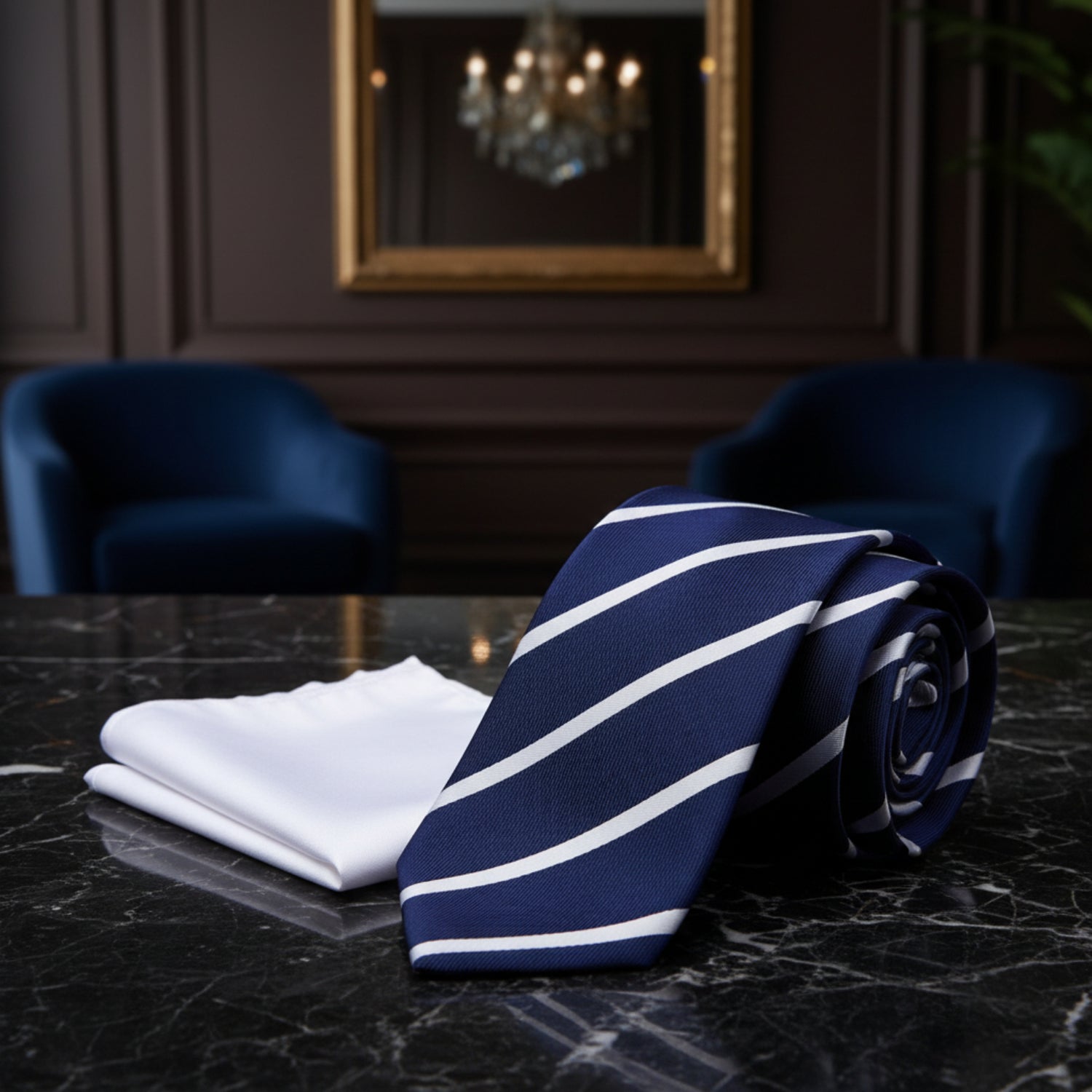 Alt View: Blue with White Stripe Necktie with White Square