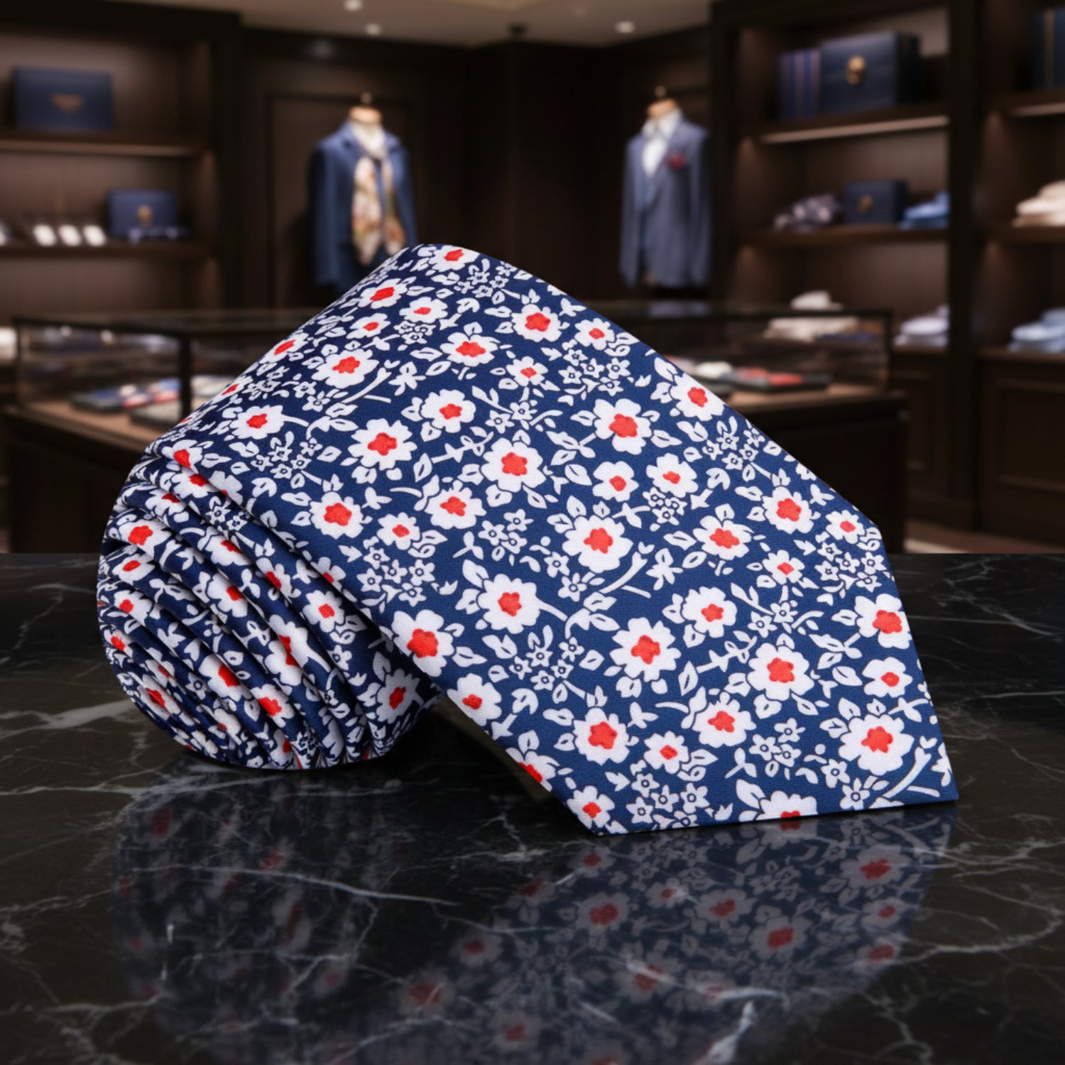 Blue, Red and White Simple Flowers Tie  