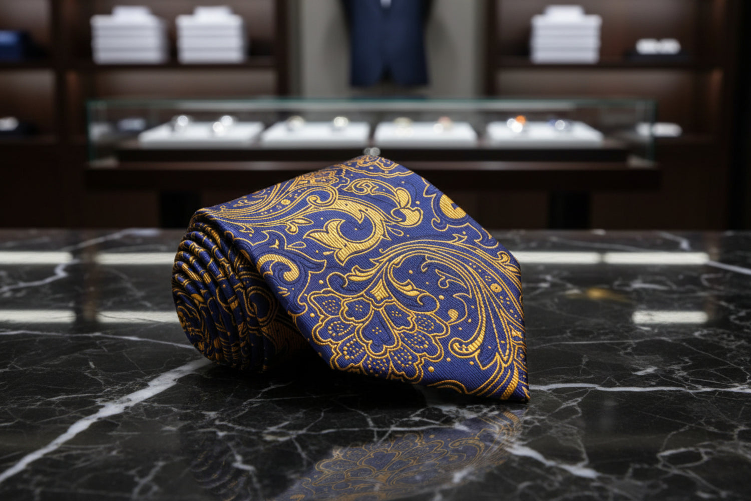 A Dark Blue, Gold Abstract Paisley Pattern Necktie 