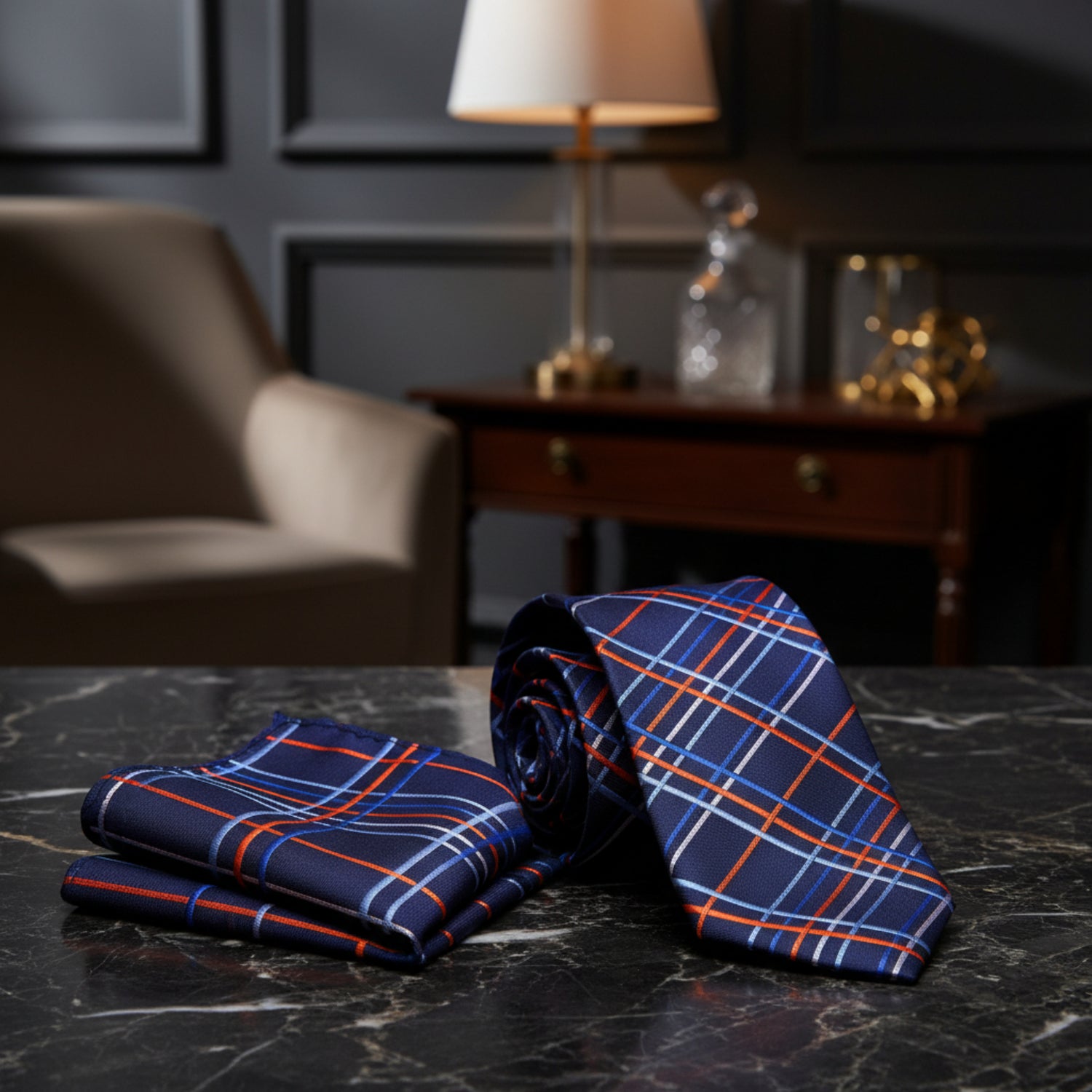 Alt View: Blue Orange Plaid Tie and Pocket Square