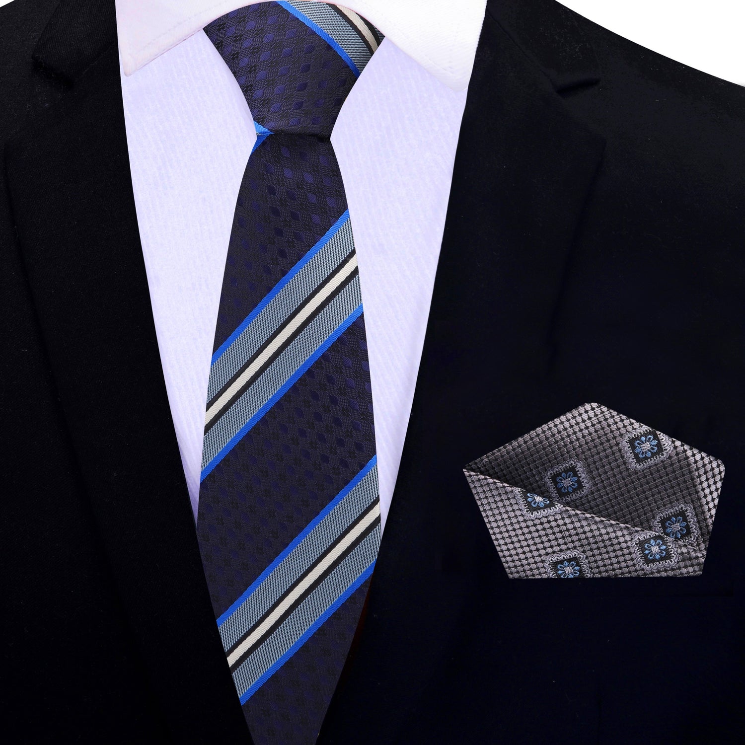 Thin Tie: Blue, Purple, White Stripe Necktie with Silver Geometric Square
