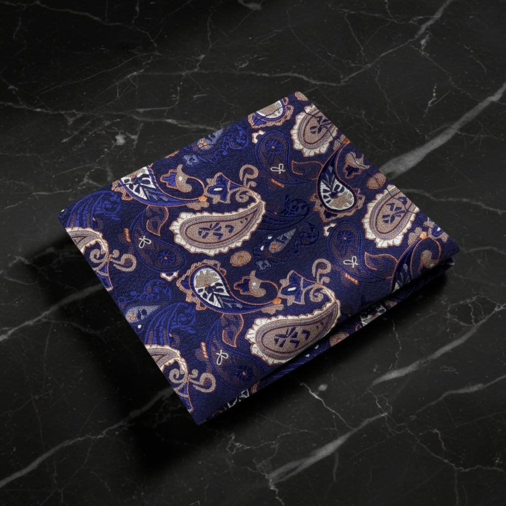 Deep Blue and Brown Paisley Pocket Square