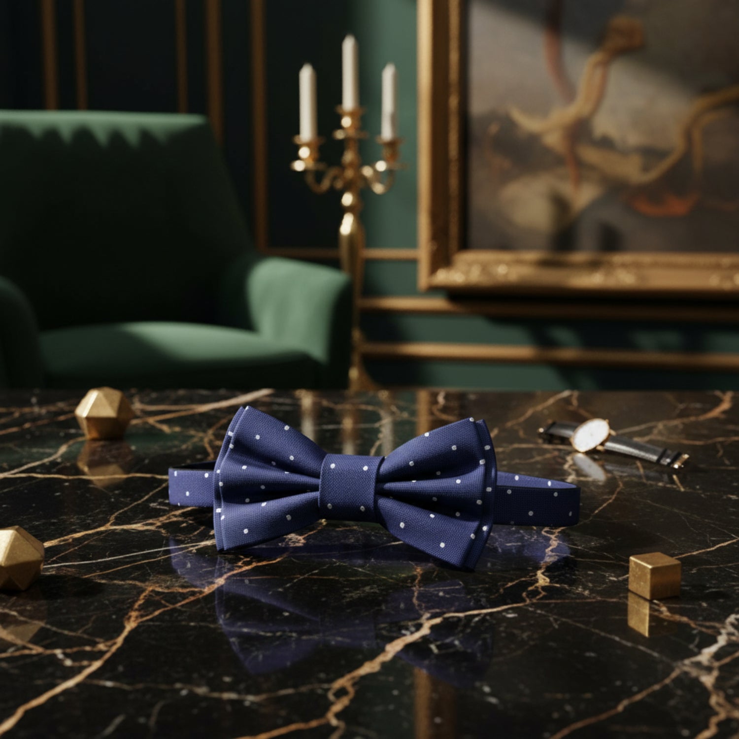 Dark Blue, White Polka Pre Tied Bow Tie 