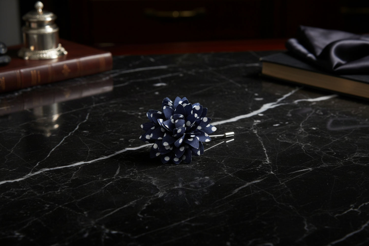 View 2: A Blue, White Polka Dot Lapel Flower