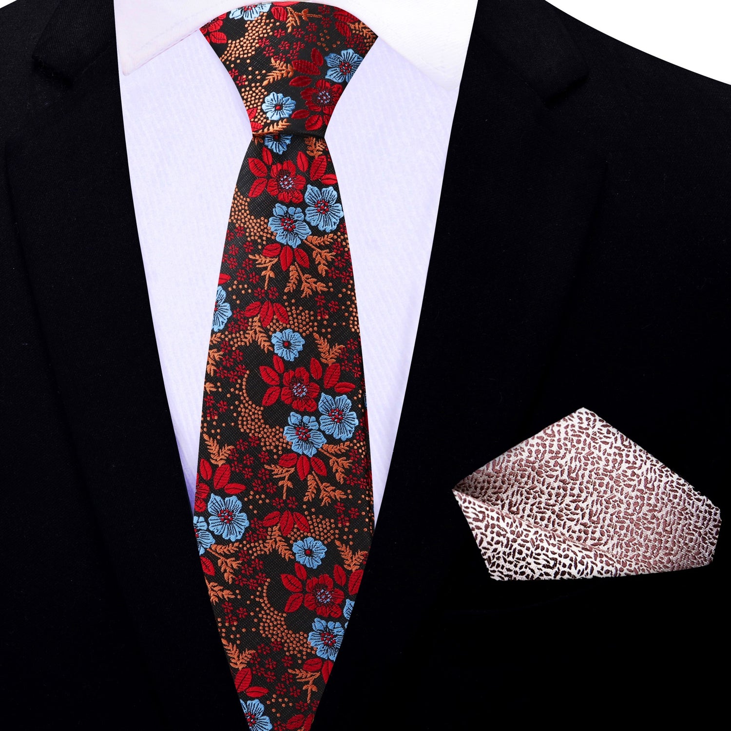 Thin Tie: Deep Brown, Red, Orange, Light Blue Floral Tie and Accenting Square