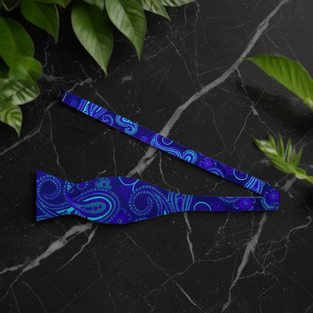 Deep Blue, Green and Purple Paisley Bow Tie Self Tie