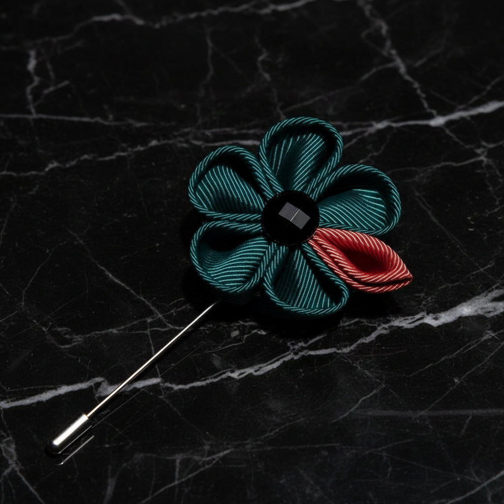 View 2: A Deep Green, Red Colored Thick Petal Lapel Flower||Deep Green, Fire Red