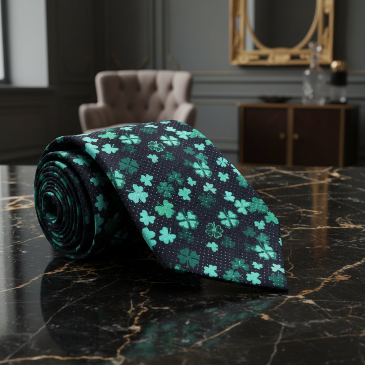  Black Green Four Leaf Clovers Tie