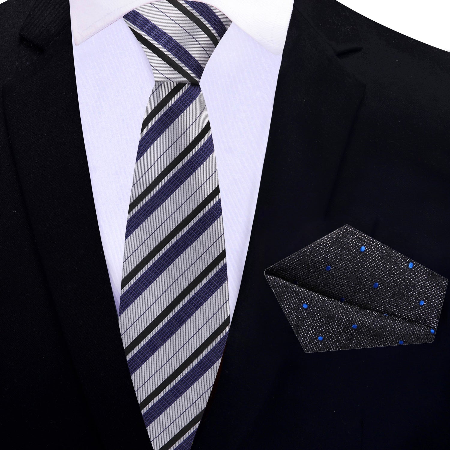 Deep Grey, Black, Slate Purple Stripe Thin Tie with Black, Grey, Blue Abstract Square