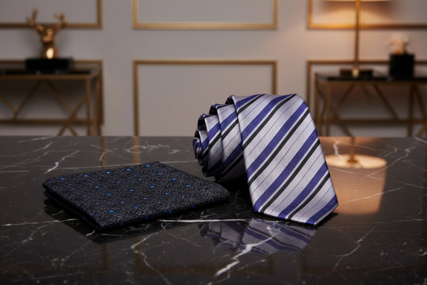 Alt View: Deep Grey, Black, Slate Purple Stripe Tie with Black, Grey, Blue Abstract Square