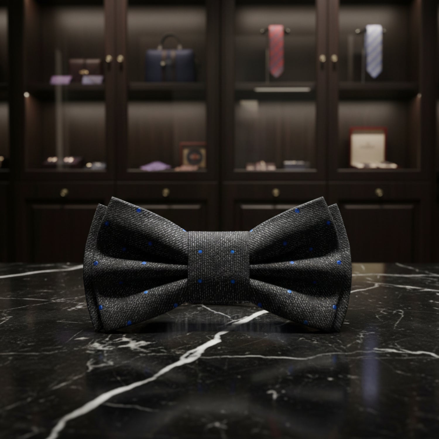 Pre Tied: Grey, Black, Blue Abstract with Dots Bow Tie 