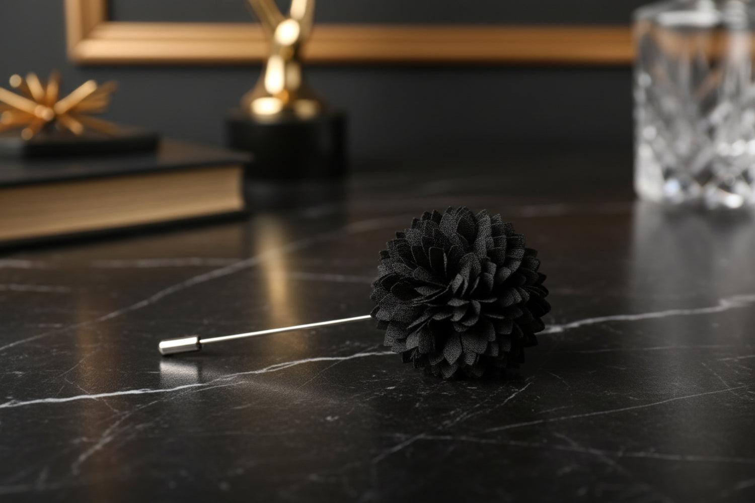 Main View: A Solid Charcoal Colored Thin Petal Lapel Flower Burst