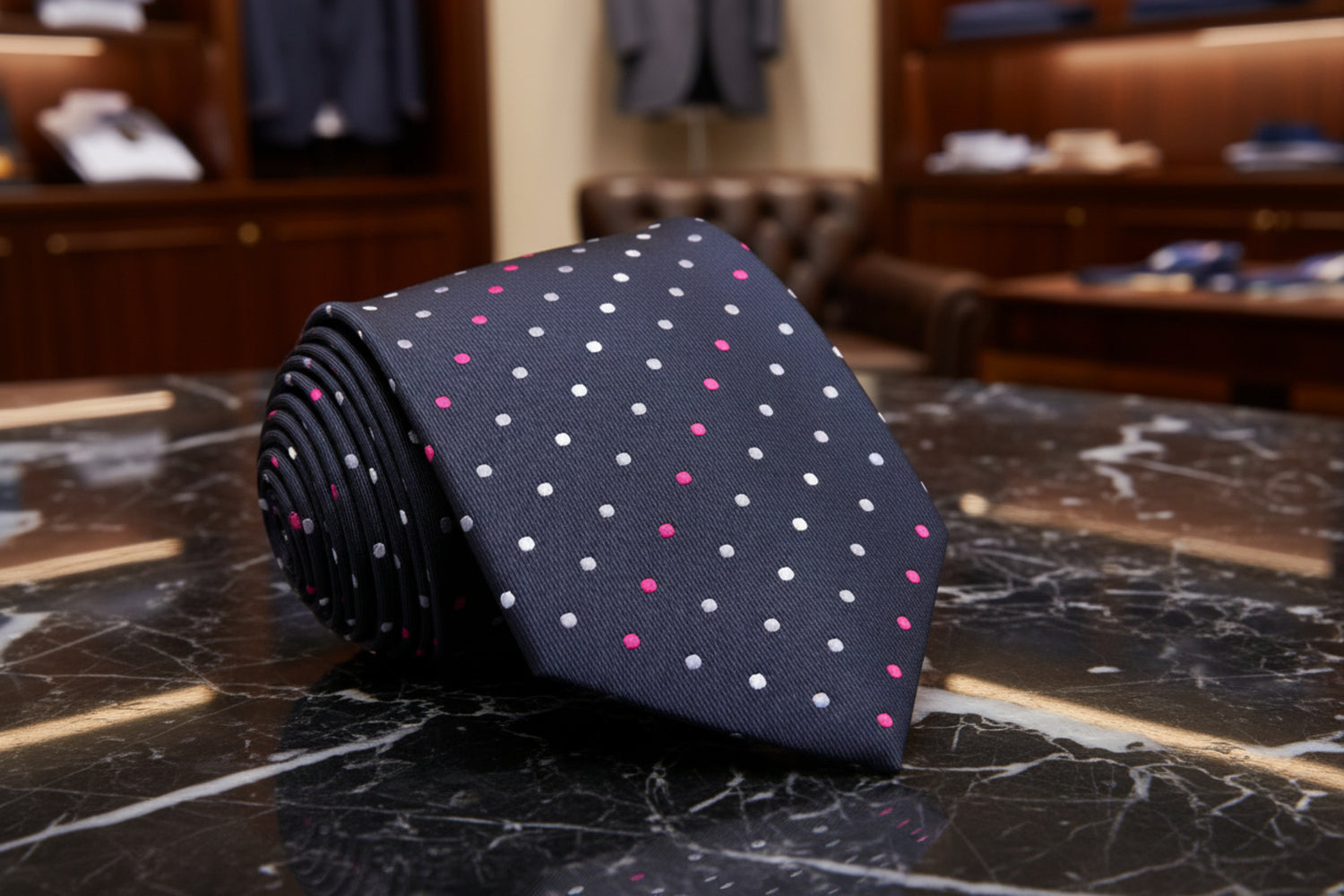 A Charcoal, White, Pink Polka Dot Pattern Necktie 