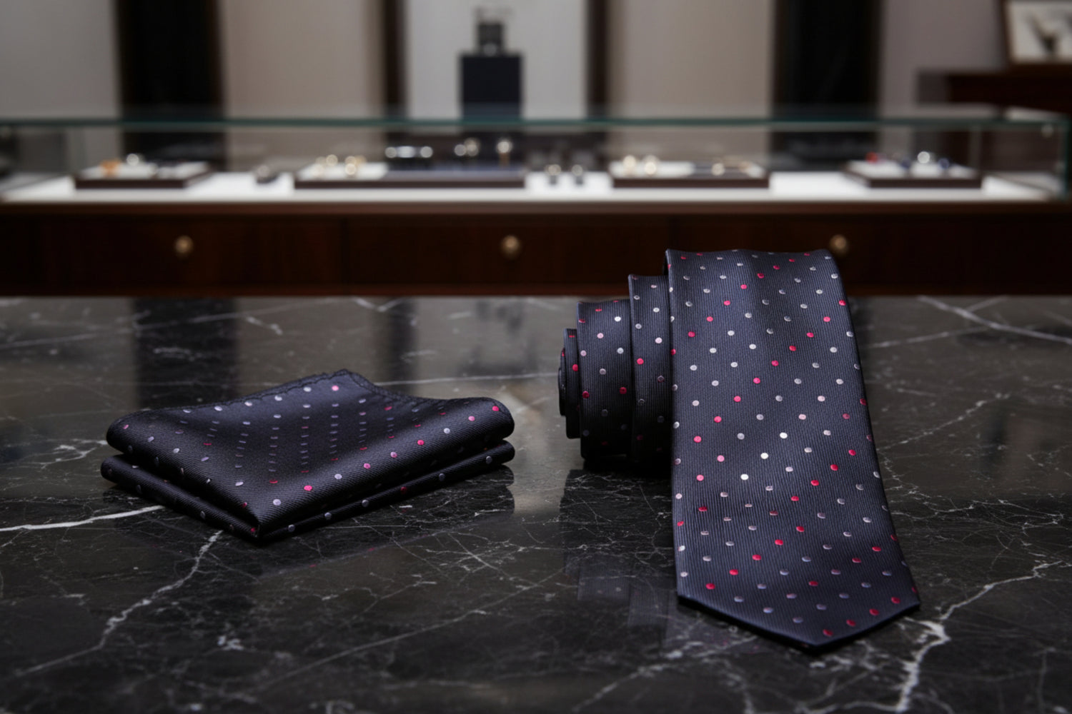 Alt view: A Charcoal, White, Pink Polka Dot Pattern Necktie, Matching Pocket Square