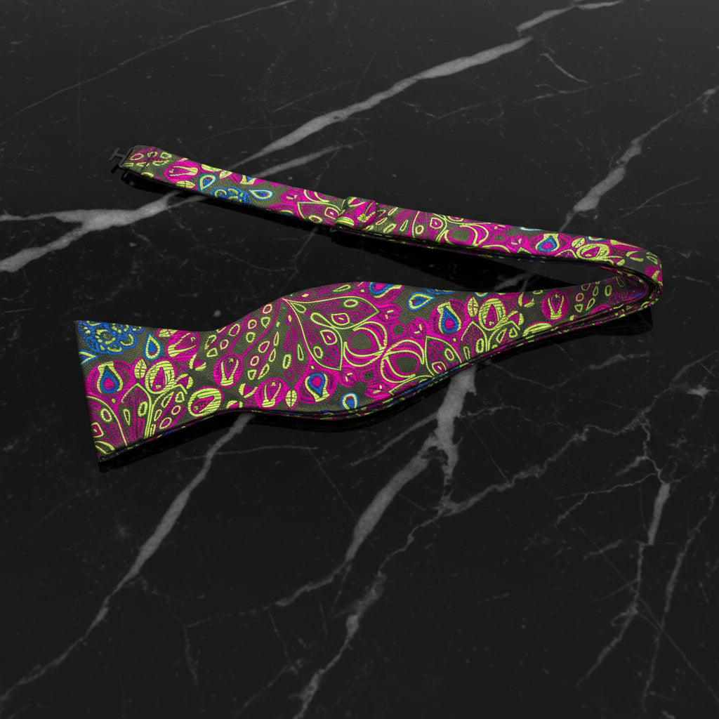 A Dark Neon Blue, Yellow, Pink Abstract Peacock Feather Pattern Self Tie Bow Tie Untied